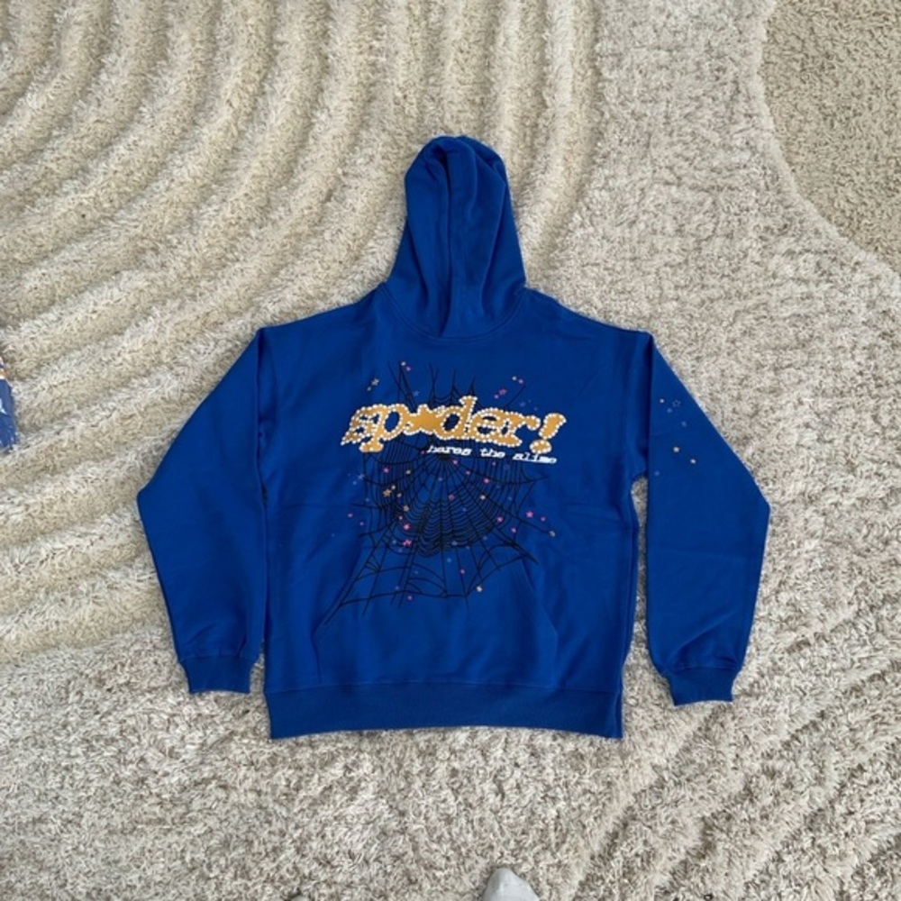 Sp5der TC Blue sp*der! logo Pullover Hoodie for Men Size Large